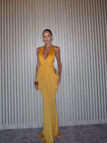 Cocoslly Halter V-Neck Sleeveless Long Mermaid Prom Dress With Pleated | Yellow Chiffon CO0067