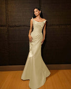 Shining Wide Shoulder Straps Sleeveless Long Mermaid Prom Dress With Pleated YK0715