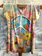 Vintage Hippie Vibe Peace And Love Hippie Floral Painting Art  Print Casual Shirt Linen Casual T-shirt