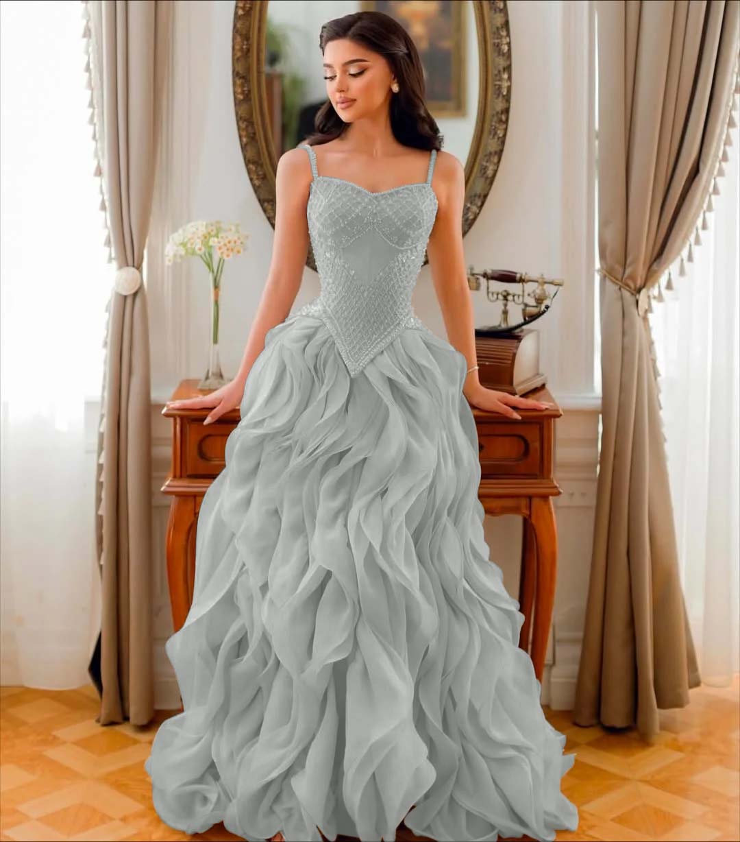 Tulle V-Neck Spaghetti Straps Strapless Sleeveless Long A-Line Prom Dress With Beadings And Pleated YK0761