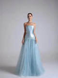 Baby Blue Satin And Tulle Strapless Sleeveless Long Pleated A-Line Prom Dress With Flower Appliqués YK0669