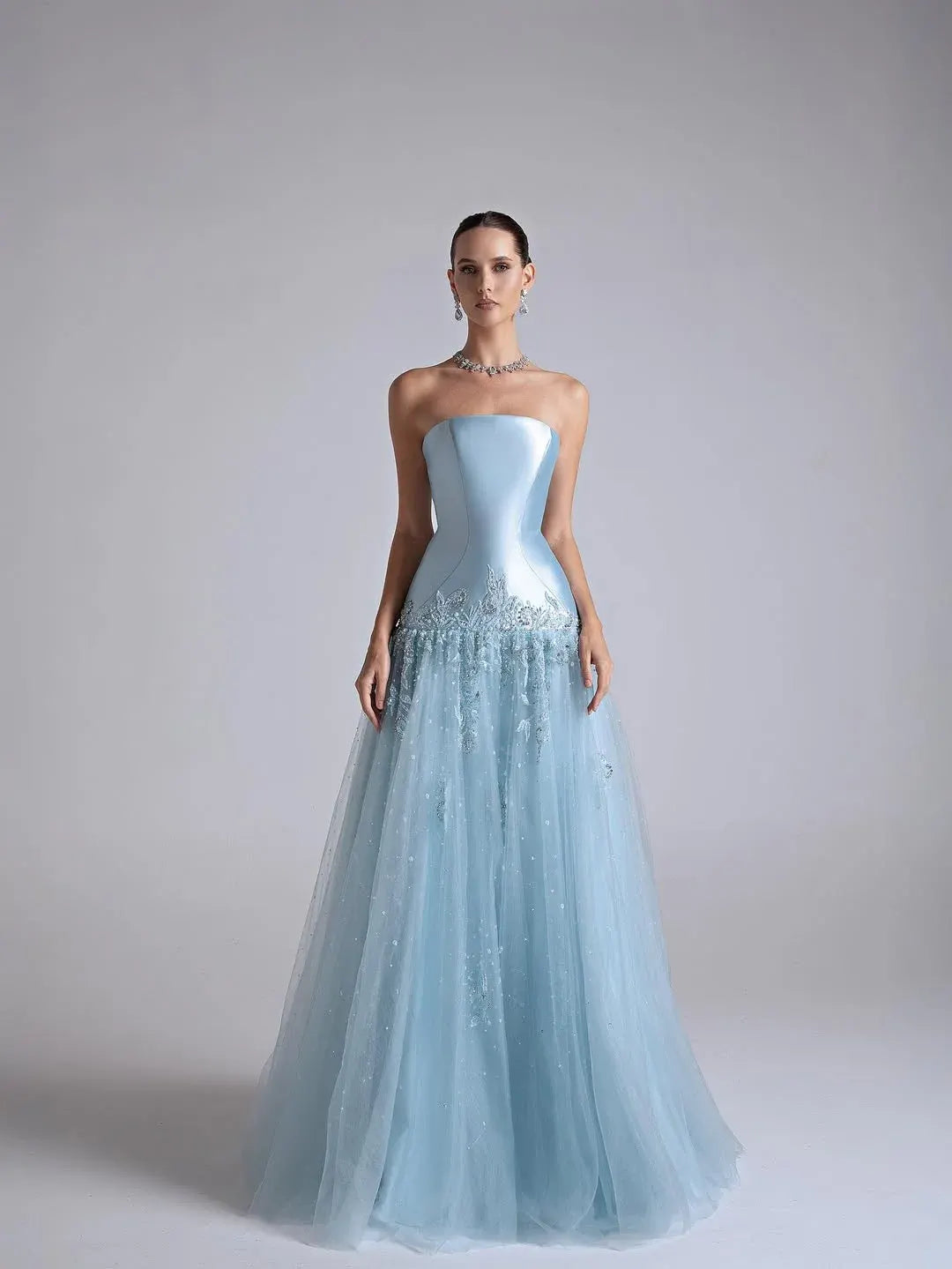 Baby Blue Satin And Tulle Strapless Sleeveless Long Pleated A-Line Prom Dress With Flower Appliqués YK0669