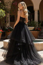 Cocoslly Spaghetti Straps Sleeveless High Waist Long Prom Dress With Beading Pearls And Split | Black Tulle LR0136