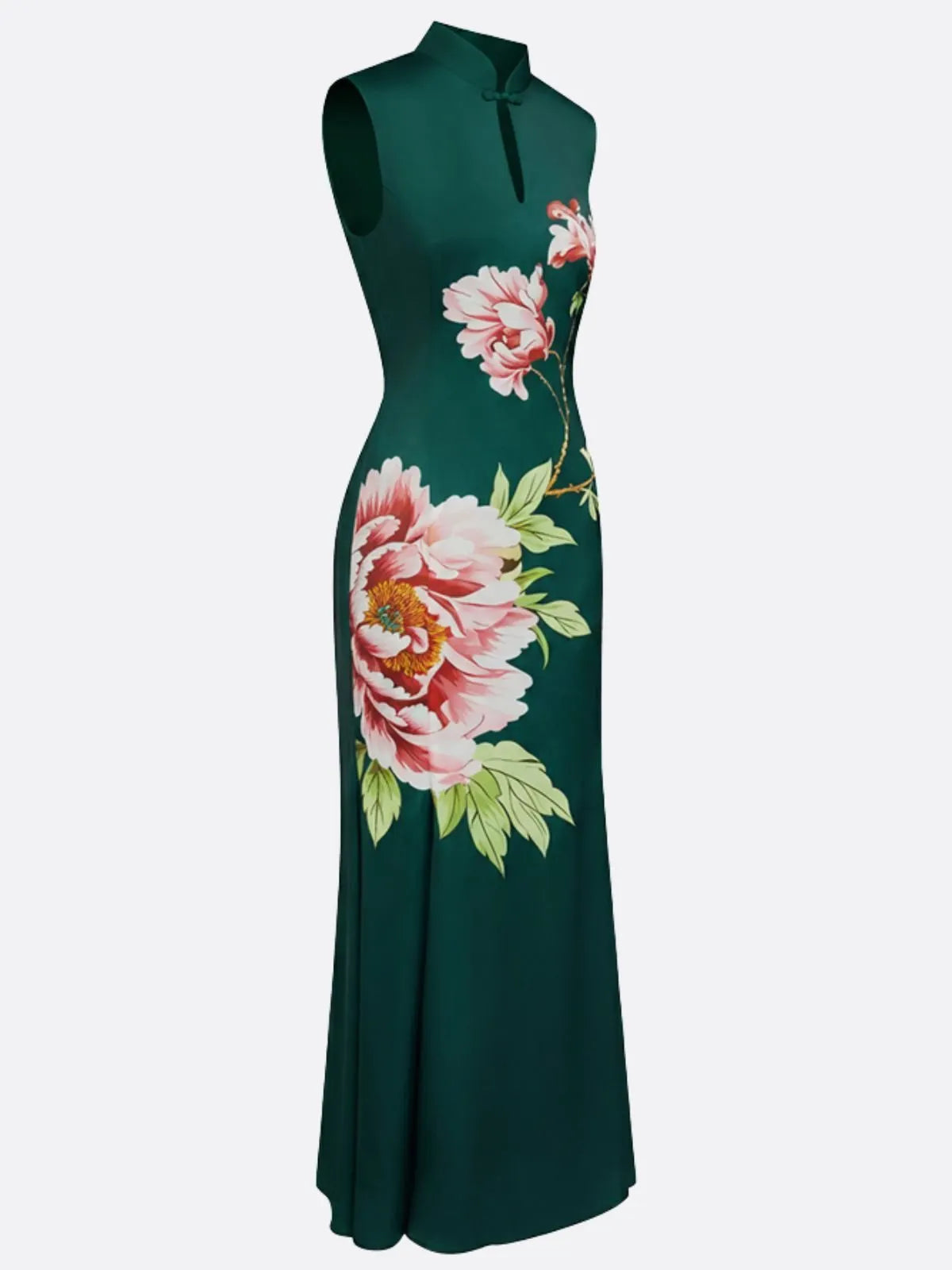 Dark Green Floral Hollow Out Satin Stand Collar Sleeveless Mermaid Gown Dress