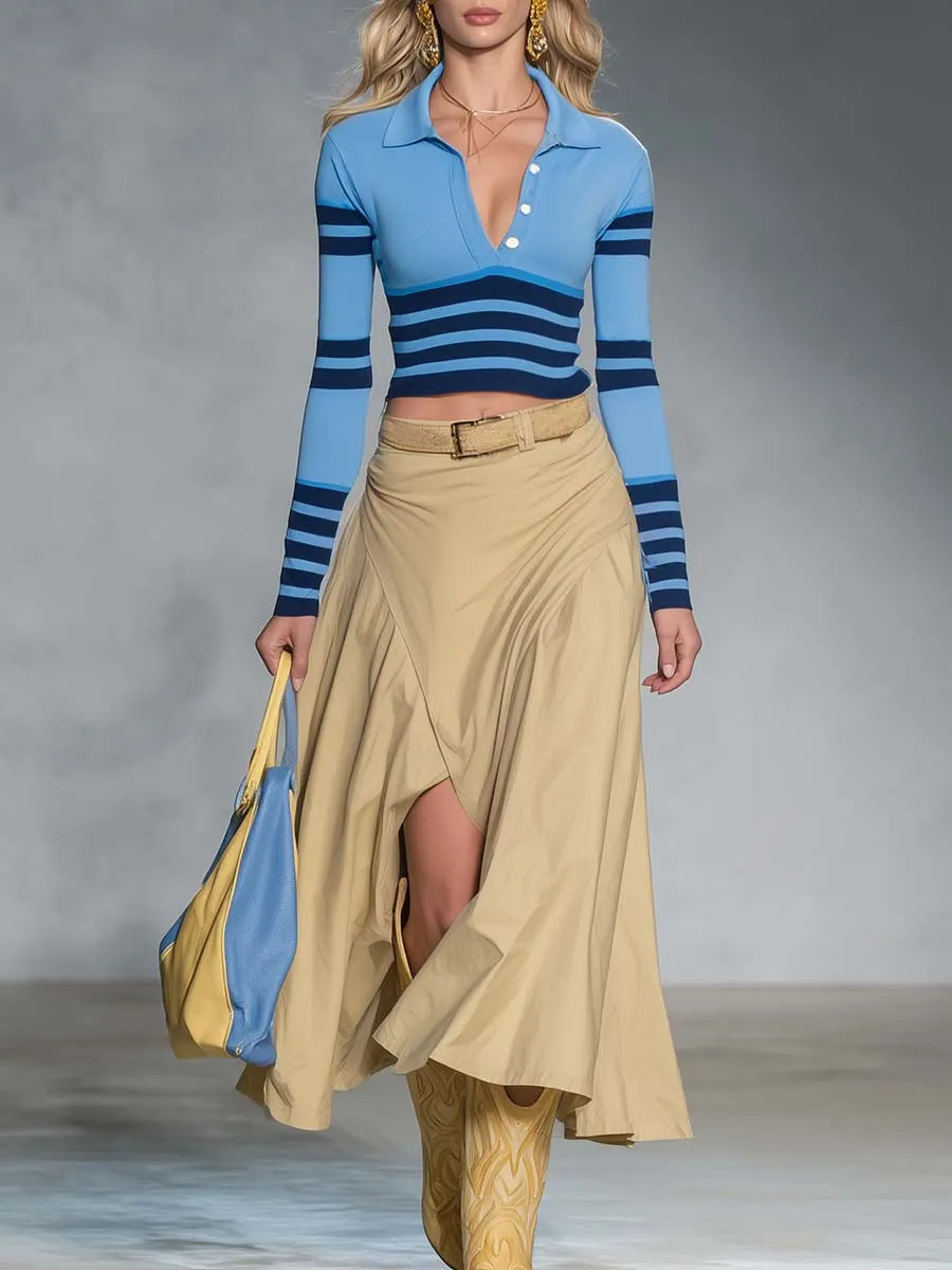 Retro Blue Striped Polo Knit Top And Khaki Maxi Skirt Set