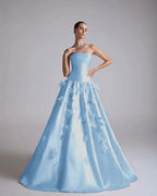 Satin Strapless Sleeveless Long A-Line Prom Dress With Flower Appliqués And Beadings YK0682