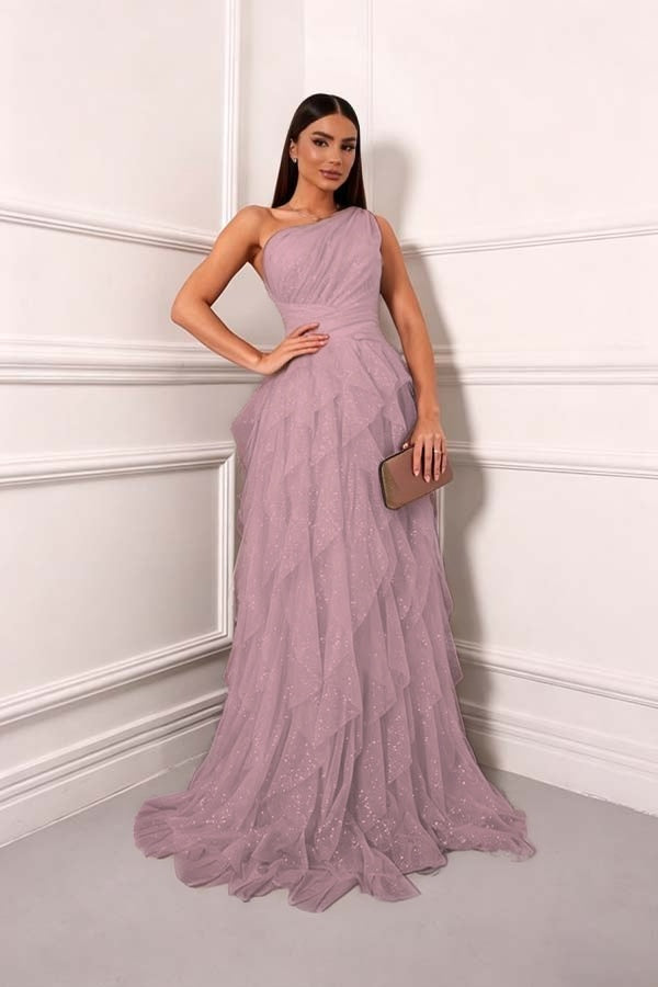 Cocoslly One Shoudler Sleeveless High Waist Long Prom Dress With Ruffles | Forest Green Tulle ZT0560