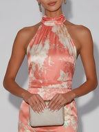 Pink Floral Satin Halter Neck Sleeveless Sheath Midi Dress