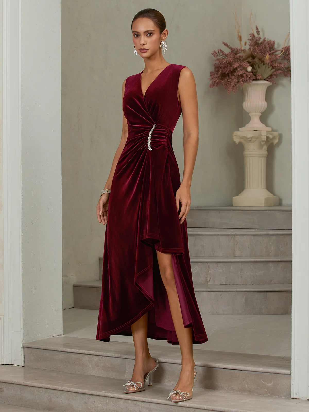 Wine Red Rhinestone Ruched Velvet V Neck Sleeveless A-Line Midi Dress