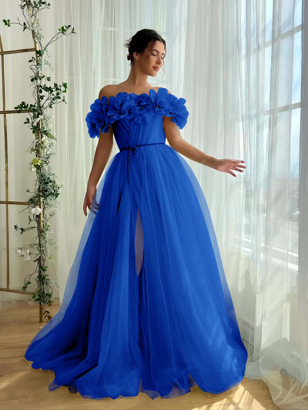 Tulle Off-The-Shoulder Strapless Sleeveless Long Pleated A-Line Prom Dress With Flower Appliques And Split YK0615