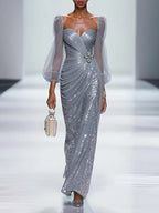 Silver Gray Buckle Sequin Sweetheart Neckline Long Sleeve Sheath Maxi Dress