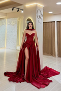 Cocoslly Strapless Sweetheart Sleeveless High Waist Long Split Prom Dress With Scarf | Burgundy Satin YC0479