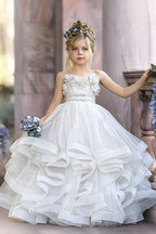 Cocoslly Spaghetti Straps  Sleeveless Flower Girl Dress With Appliques And Rhinstone | Dusty Blue Tulle FL0020