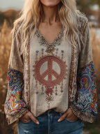 Persian Art Retro Pattern Women's V-neck Linen Top