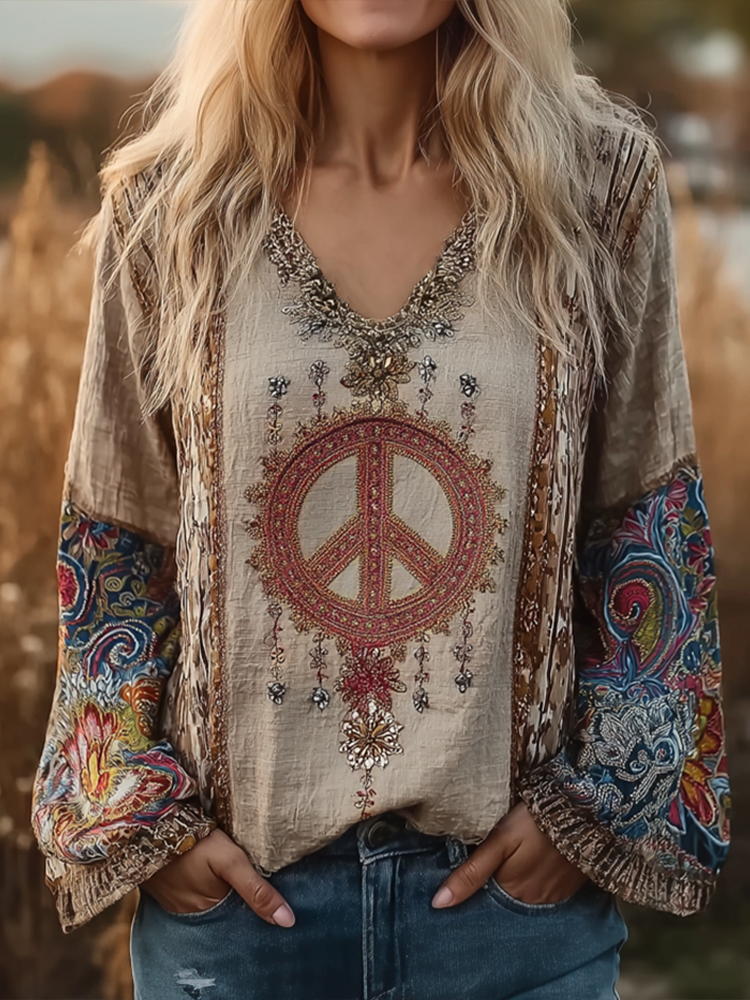 Persian Art Retro Pattern Women's V-neck Linen Top