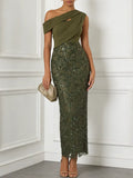 Olive Green Glitter Sequin Asymmetrical Sleeveless Sheath Maxi Dress