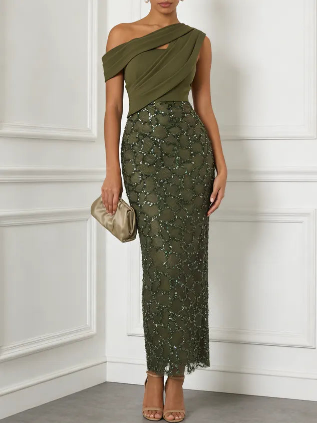 Olive Green Glitter Sequin Asymmetrical Sleeveless Sheath Maxi Dress