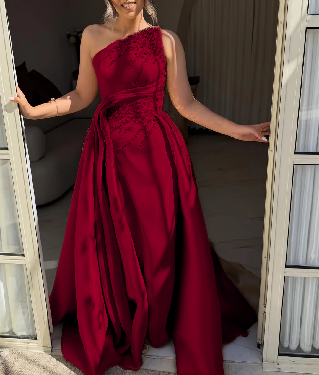 Asymmetric Strapless Sleeveless Long A-Line Prom Dress With Pleated And Beadings YK0692