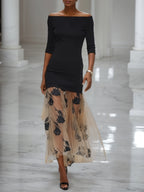 Black Floral Rose Knit Off The Shoulder Half Sleeve Mermaid Maxi Dress