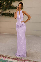 Halter V Neck Sleeveless Long Mermaid Prom Dress With Appliques WQ0176