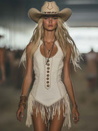 銆�24-hour shipping out銆慐legant Western Chic Round Neck White Tassel Mini Dress