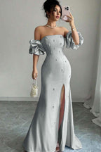 Strapless Bubble Sleeves Long Split Prom Dress With Beading WQ0027