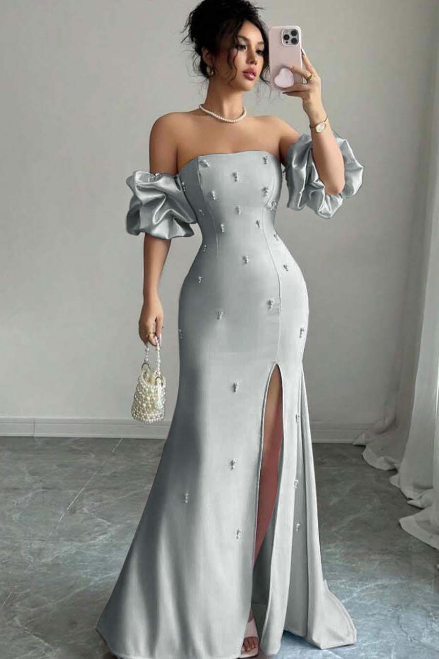 Strapless Bubble Sleeves Long Split Prom Dress With Beading WQ0027