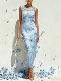 Light Blue Lace Embroidery Lace Crew Neck Sleeveless Sheath Maxi Dress