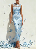 Light Blue Lace Embroidery Lace Crew Neck Sleeveless Sheath Maxi Dress