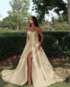 Strapless Sleeveless Long High Split Prom Dress With Appliques YK0162