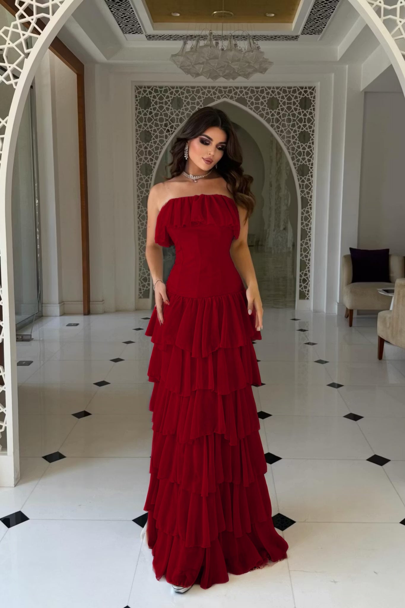 Cocoslly Strapless Sleeveless High Waist Long Prom Dress With Ruffles | Nude Champage Chiffon YC0565
