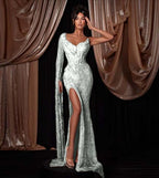 V-Neck One Shoulder Single Sleeve Long Mermaid Prom Dress With Beadings And High Split YK0627