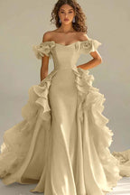 Off the Shoulder Sleeveless Long Mermaid Prom Dress With Ruffles JQ0149