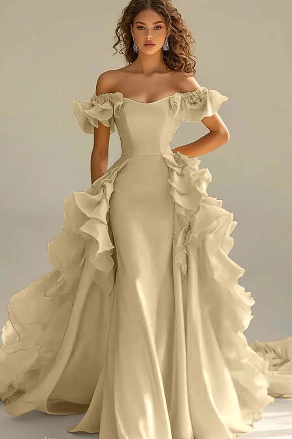 Off the Shoulder Sleeveless Long Mermaid Prom Dress With Ruffles JQ0149