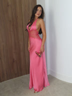 Cocoslly Halter Deep V-Neck Sleeveless Long Mermaid Prom Dress | Fuchsia Satin CO0073