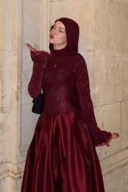 Cocoslly High Neck Long Sleeves High Waist Long Prom Dress With Hat | Burgundy Satin LR0513