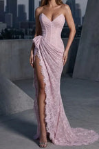 Cocoslly Strapless Sleeveless High Waist Long Mermaid Prom Dress With Deep Split | Pink Lace CO0130