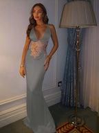 Satin Deep V-Neck Spaghetti Straps Sleeveless Long Mermaid Prom Dress With Lace YK0699