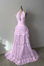 Lace And Tulle Halter Neck Strapless Sleeveless Long Mermaid Prom Dress With Pleated WQ0665