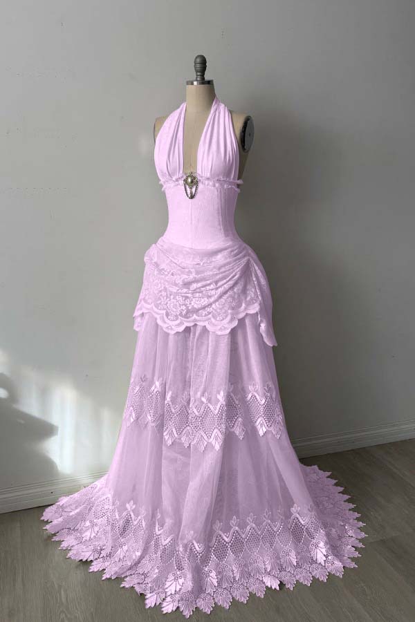 Lace And Tulle Halter Neck Strapless Sleeveless Long Mermaid Prom Dress With Pleated WQ0665