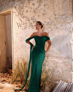 Off-The-Shoulder Strapless Sleeveless Long Pleated Mermaid Prom Dress With Sequins And Ruffle YK0709