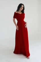 Chiffon Off the Shoulder Sleeveless Long Prom Dress With Pleated WQ0385