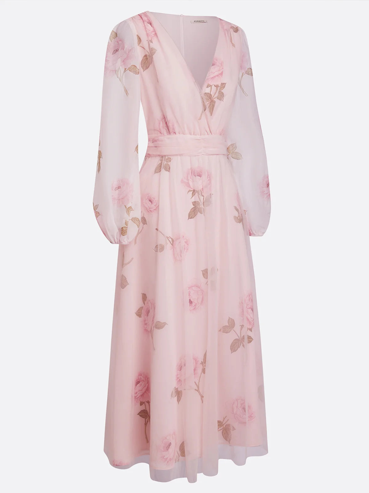 Pink Floral Tulle V Neck Long Sleeve Balloon Sleeve A-Line Midi Dress