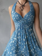 Retro Classic Floral Print Navy Blue Chiffon Sleeveless Maxi Dress