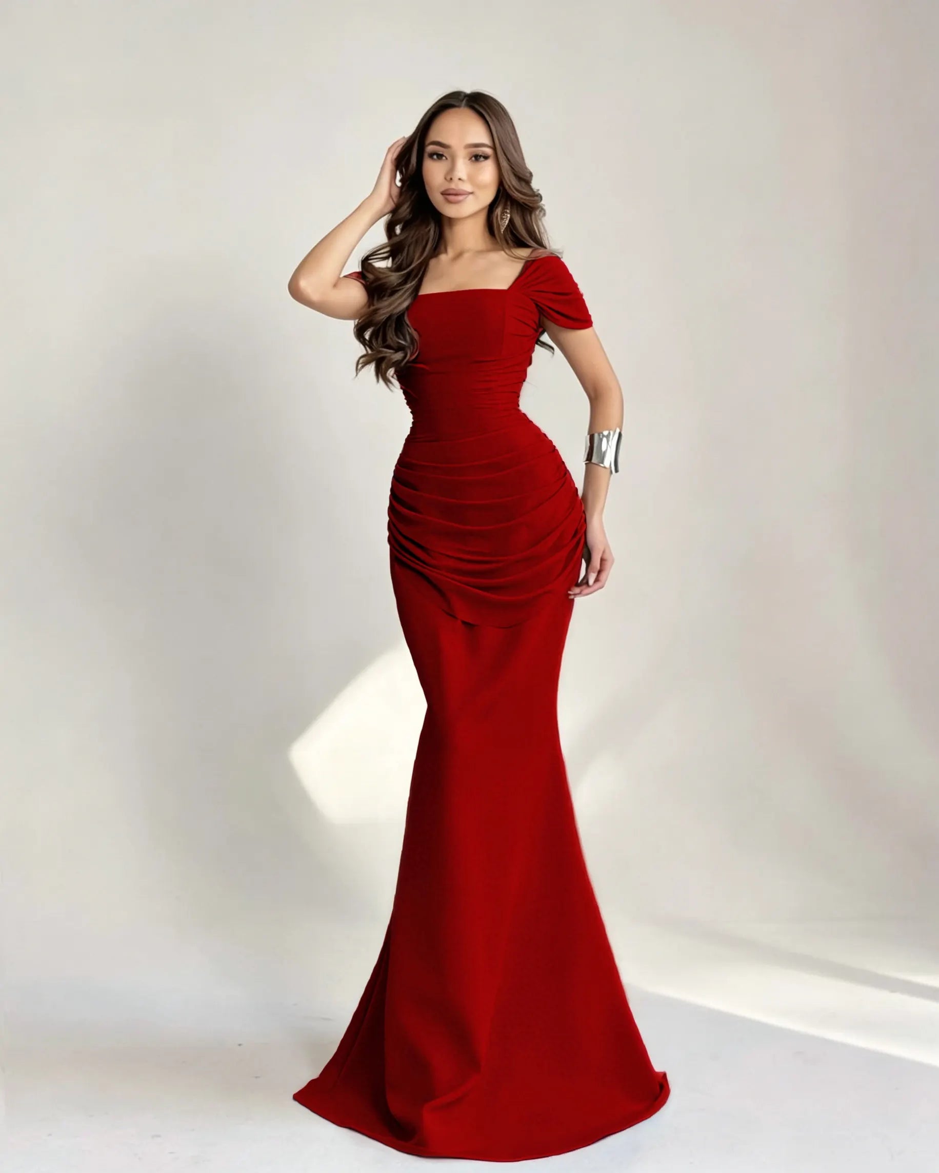Cocoslly Square Neck Sleeveless High Waist Long Mermaid Prom Dress With Pleated | Burgundy Satin DB0128