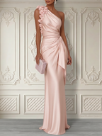 Champagne 3D Floral Ruched Satin One Shoulder Sleeveless Sheath Floor-length Gown Dress