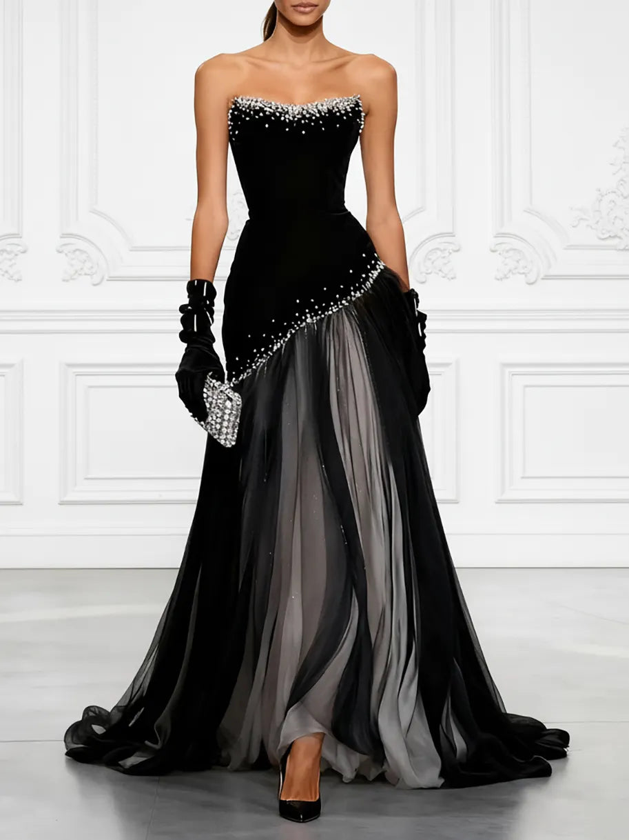 Black Hot Drilling Classic Tulle Strapless Sleeveless A-Line Gown Dress