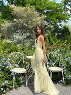 Cocoslly Halter V-Neck Sleeveless High Waist Long Mermaid Prom Dress With Ruffles And Pleated | Daffodil Chiffon CO0191