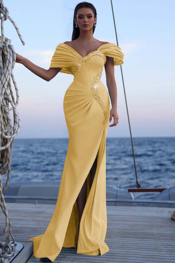 Cocoslly Off-The-Shoulder Beaded Split Long Prom Dress With Sequins Acrylic Rhinestones | Sky Blue Satin ZT0483