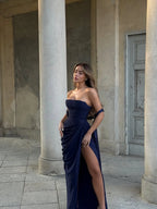 Cocoslly Strapless Sleeveless High Waist Long Split Prom Dress With Scarf And Pleated | Navy Blue Chiffon CO0188